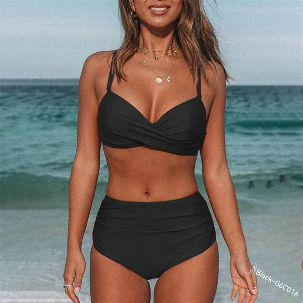 Women's solid colour cross strap bikini swimsuit in nylon fabric