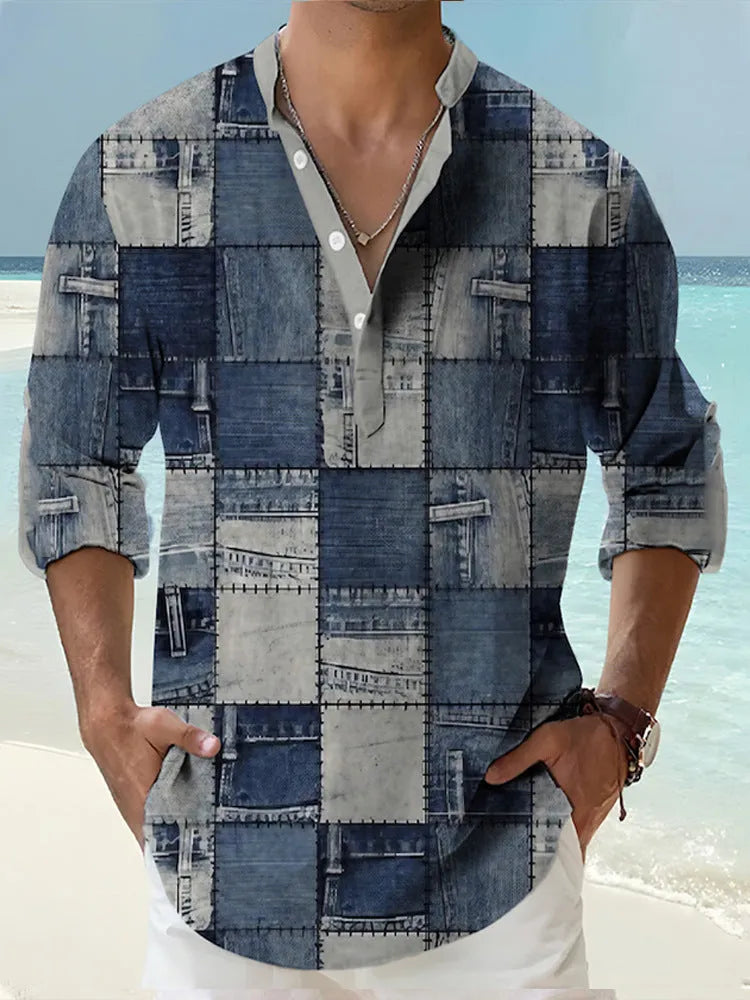 Thin striped long sleeve casual shirt in digital bamboo linen style on a hanger.
