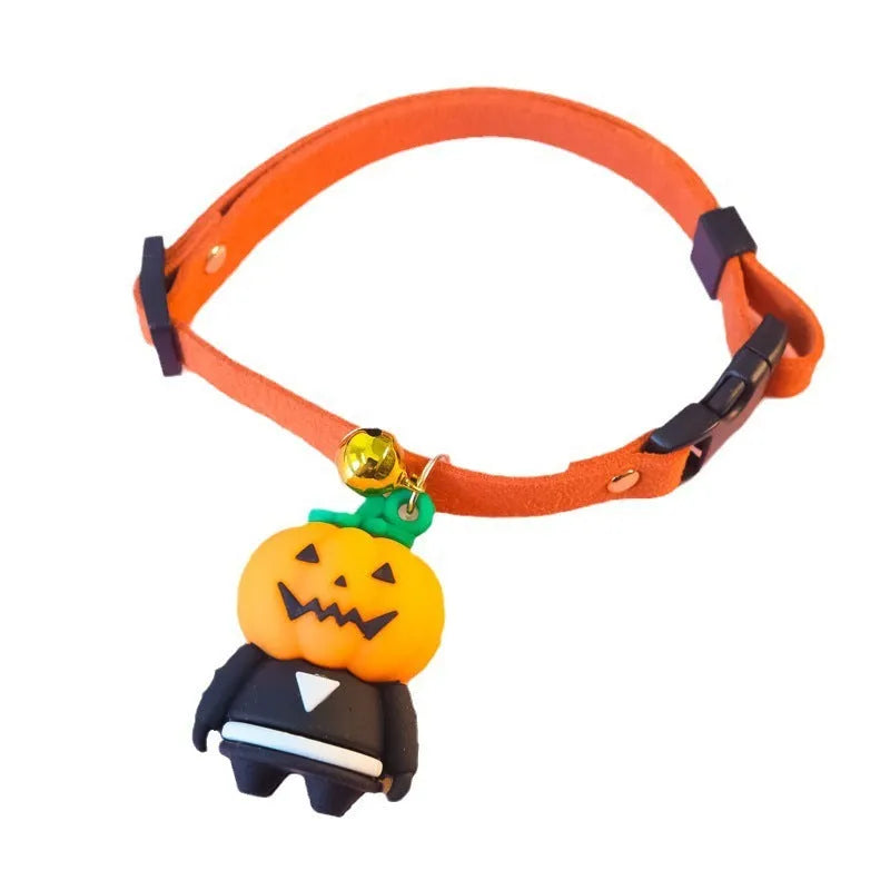 Halloween pet collar decoration showing pumpkin man, luminous brat, and luminous skull designs with sizing options