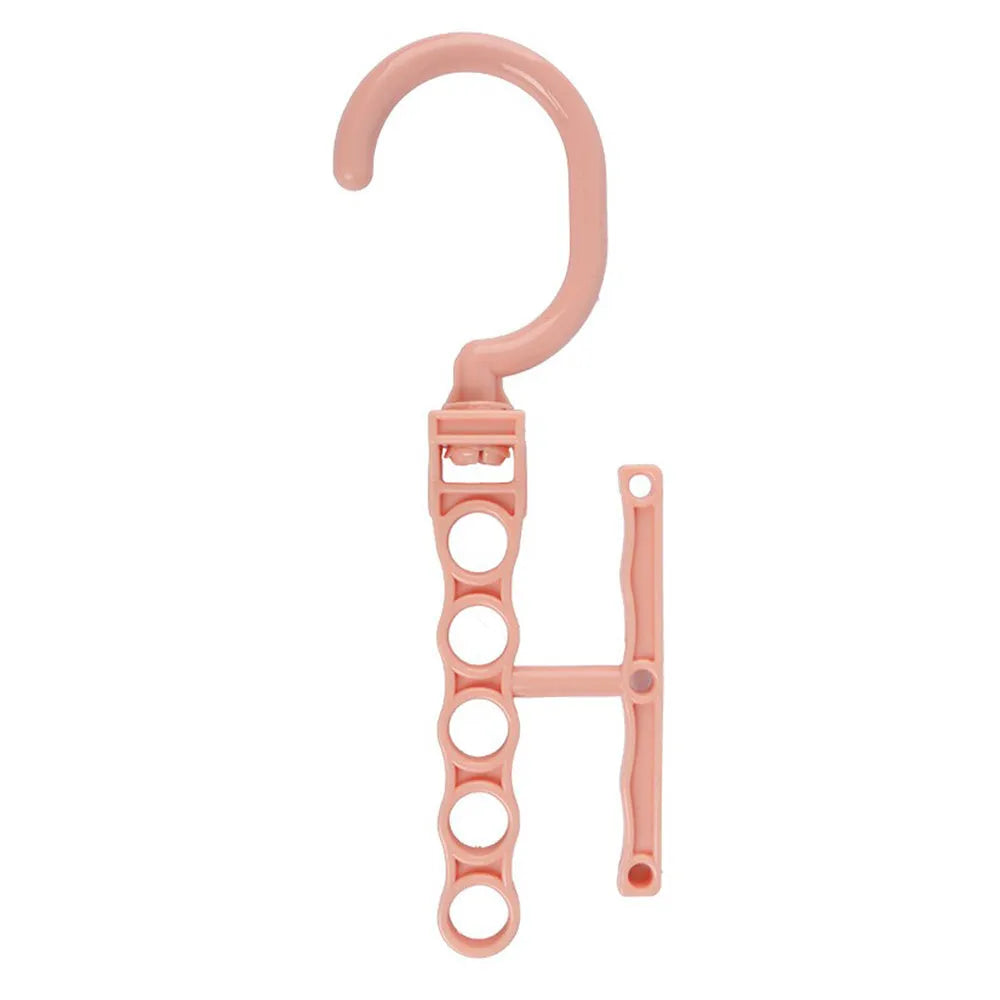 Magic wardrobe hanger with five holes and handle in blue, green, or pink colour options