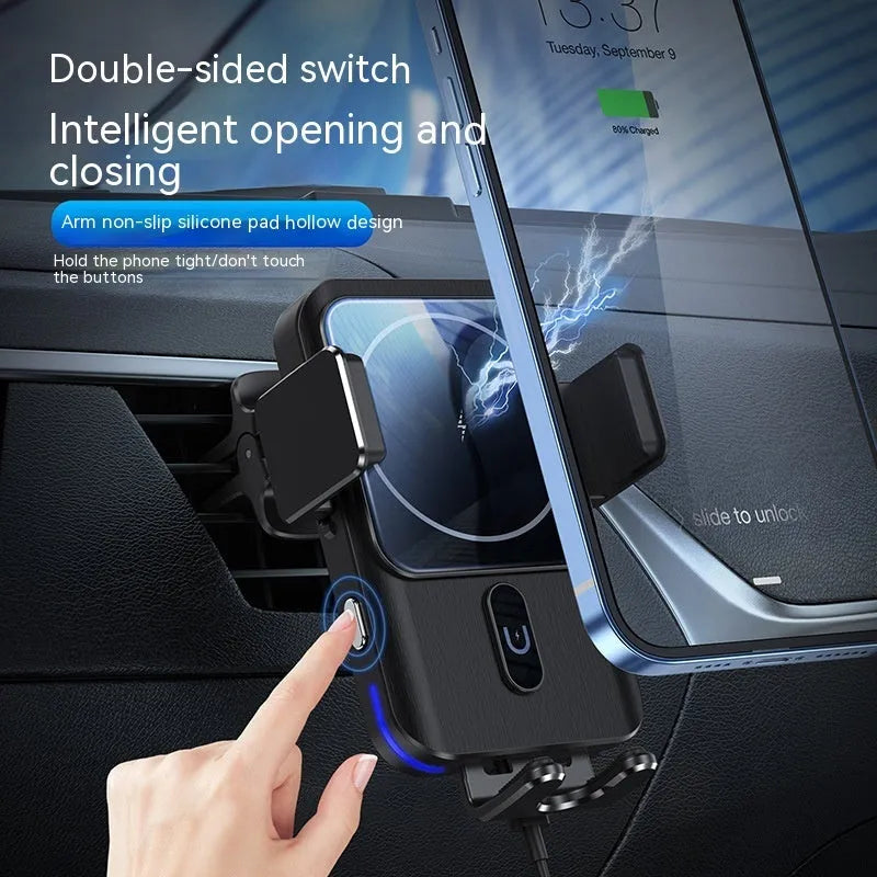 Black car wireless charger phone holder with 15W fast charging suction cup and clip mounts