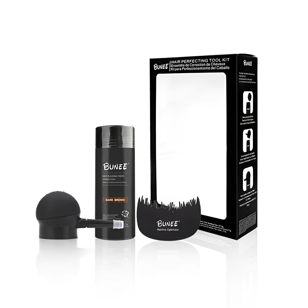 Boxed three-piece dense hair fibre powder set with applicator comb and spray, shown in multiple colour options.