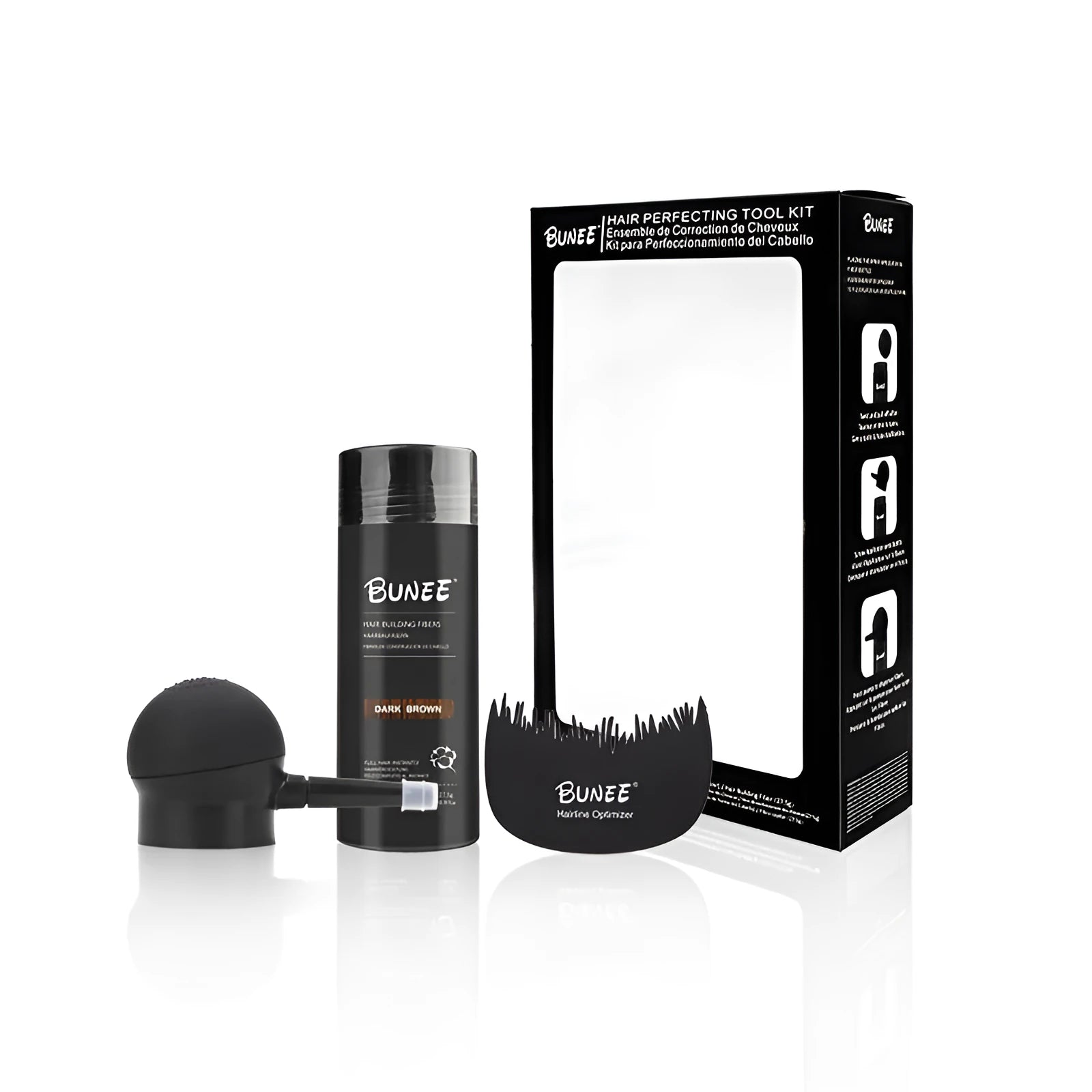 Boxed three-piece dense hair fibre powder set with applicator comb and spray, shown in multiple colour options.
