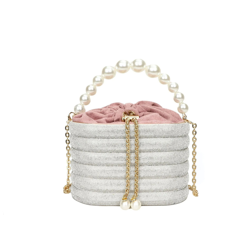 Women's retro style crossbody bag with beaded pearl detail on soft PU material in rounded suitcase shape