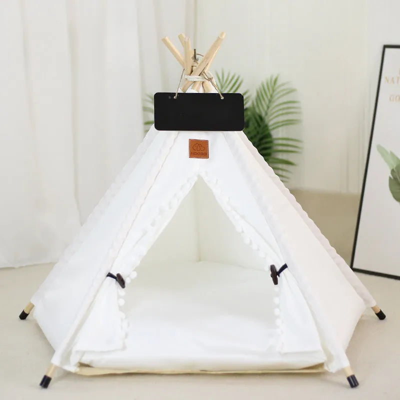 Striped flax and linen pet teepee tent with cushion for small dogs cats rabbits