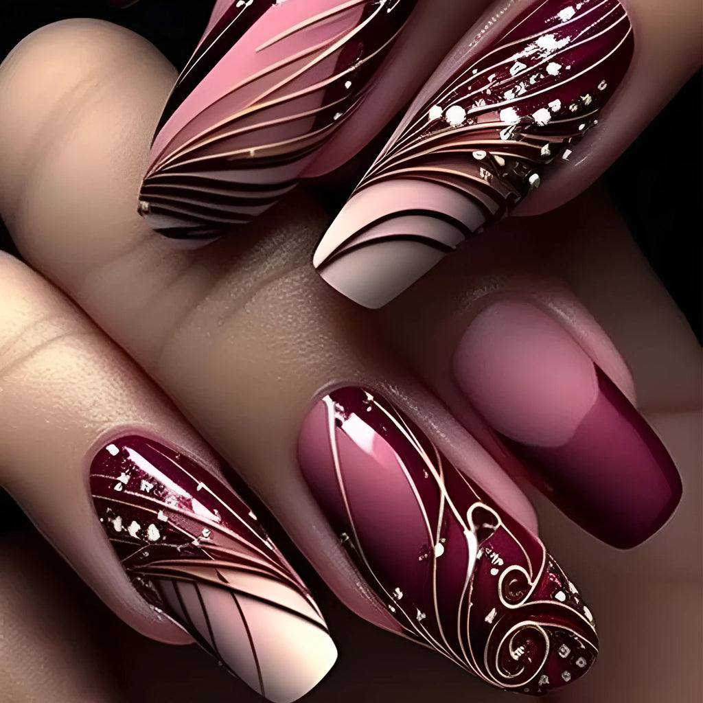 Line pattern fake nails in French line style with removable sticker patch, 24 pieces and glue included