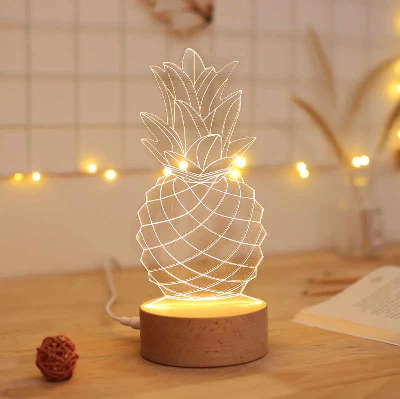 Cartoon pineapple design night light with wood and acrylic construction on bedside table