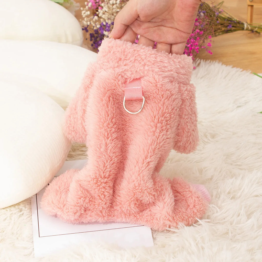 Double-sided thick plush dog clothes with high collar in khaki, pink, or blue colours showing four-legged design