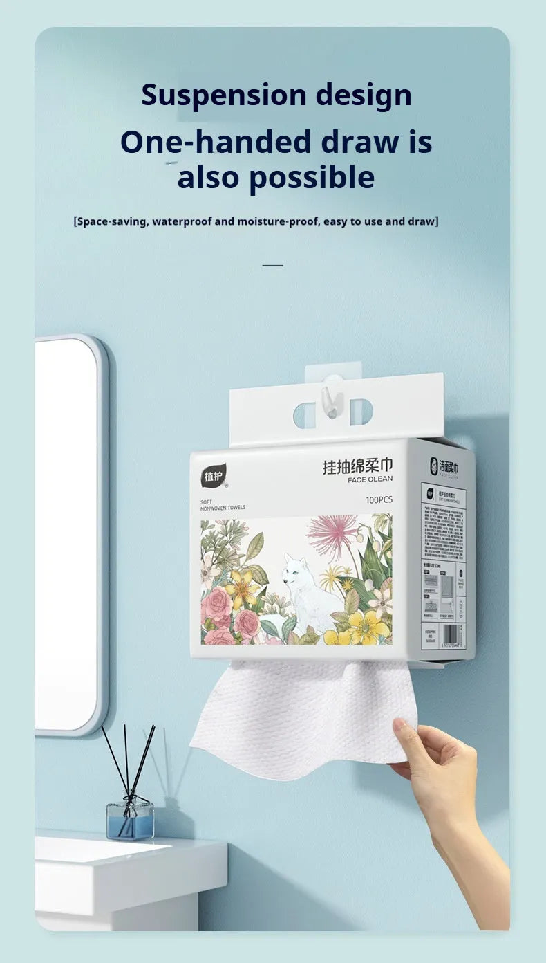 Roll of 100 disposable soft face cloths with a hook for hanging, shown in a soft cotton colour.