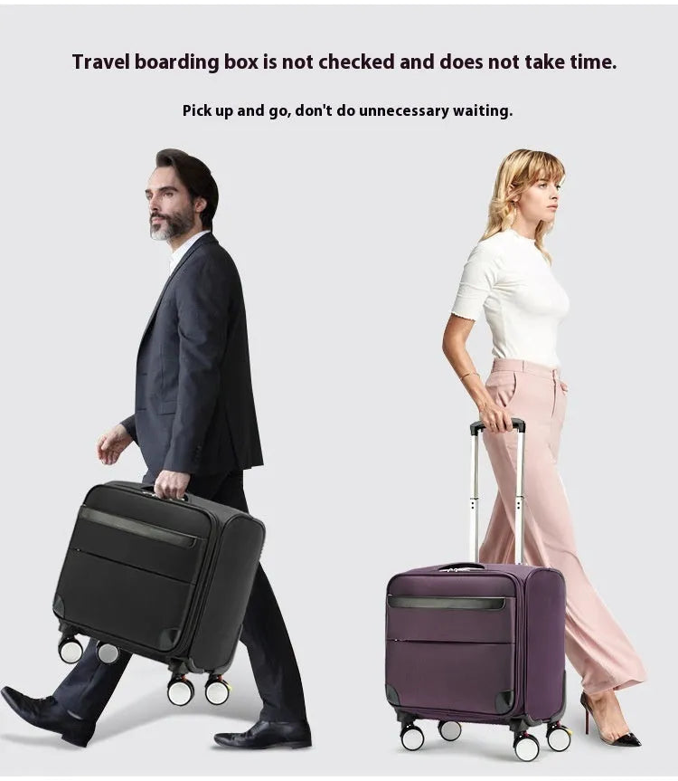 Black 18-inch Oxford cloth business suitcase with telescopic handle and universal wheels.