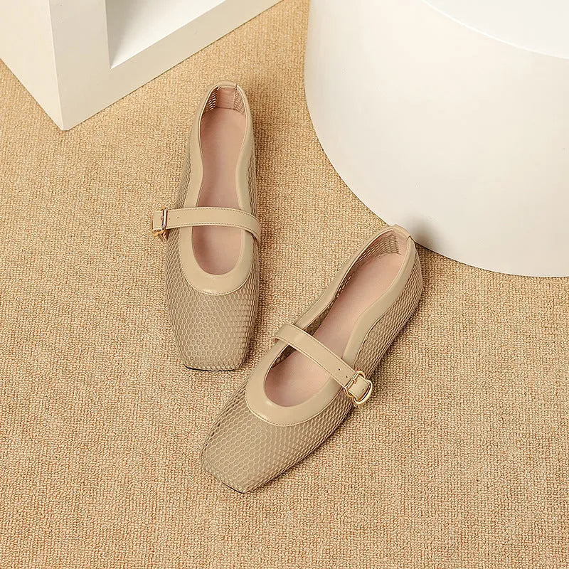 Women's breathable mesh pumps with buckle, flat heel, and square toe in beige colour.