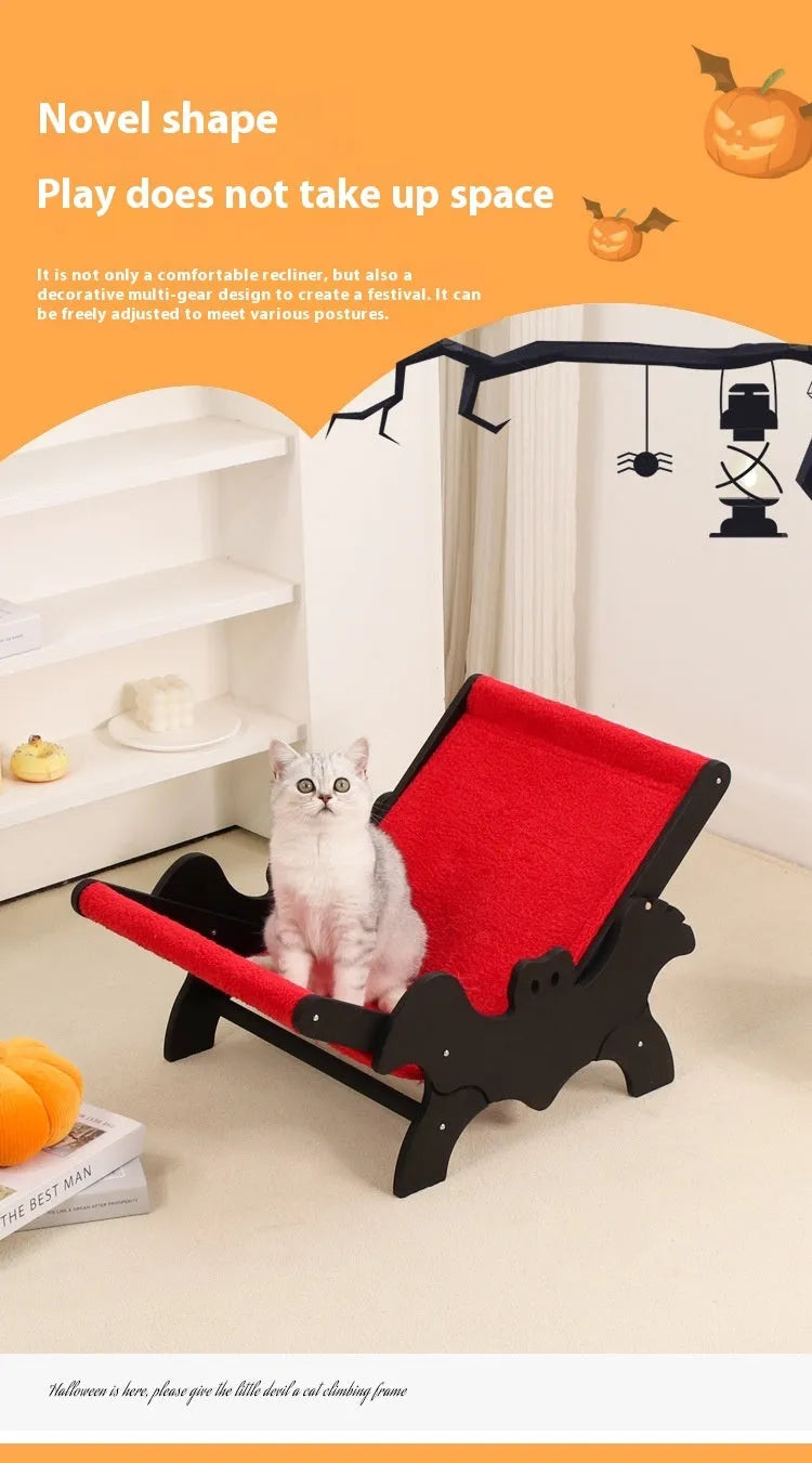 Black and red bat-shaped wooden cat recliner bed with Halloween theme