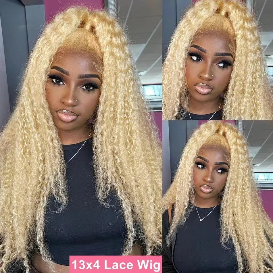 Long curly front lace full head wig with side bangs in light gold, 20 inch length