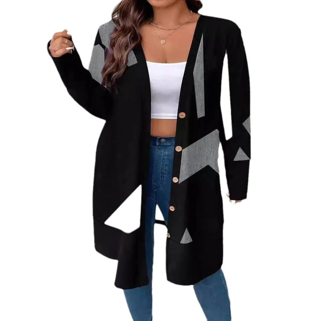 Black plus size cardigan coat with button stitching printing and loose casual fit
