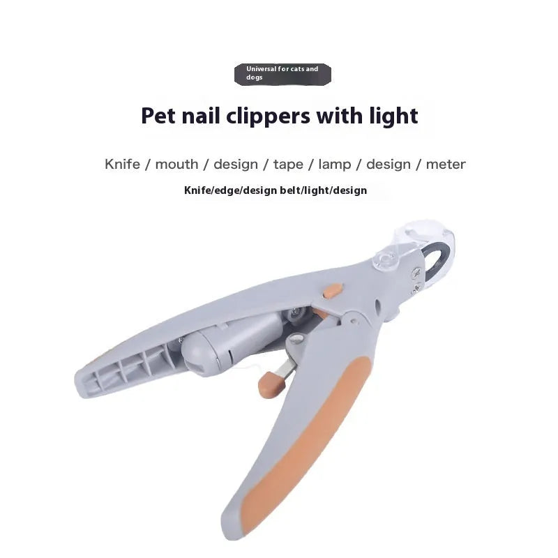 Pet nail clipper with LED light for dogs and cats, ABS plastic body, size 14.5 x 9 x 2.8 cm