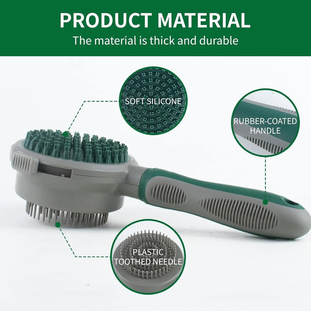 Green and pink two-sided silicone pet grooming brush with slicker brush and massage head.