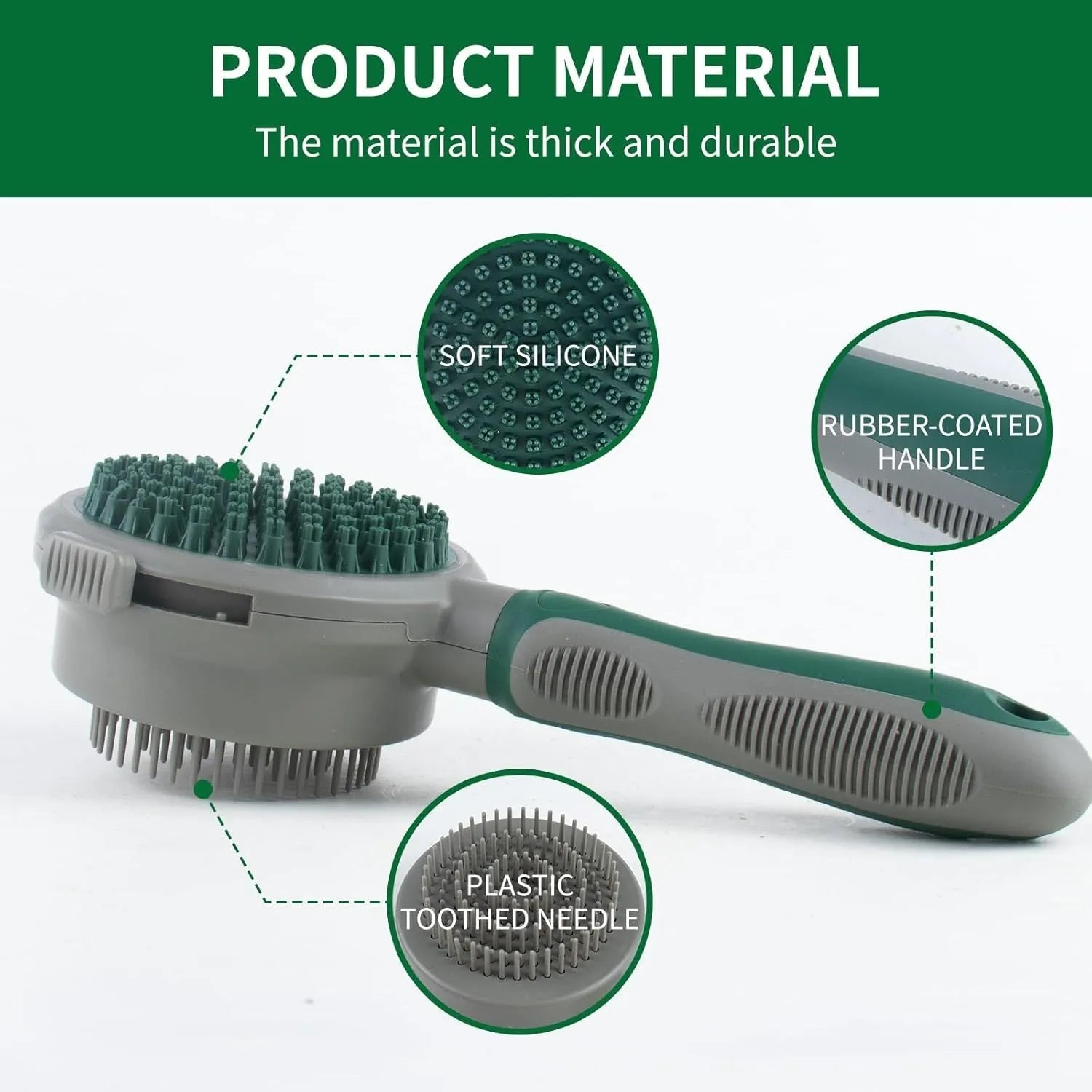 Green and pink two-sided silicone pet grooming brush with slicker brush and massage head.