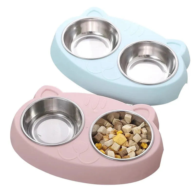 Plastic double bowl pet feeder tray in blue colour for cat and dog feeding