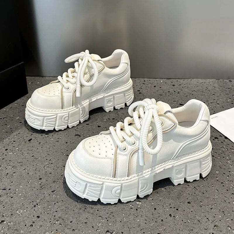 Beige and pink women's leather casual shoes with a raised rubber foam sole for height increase.