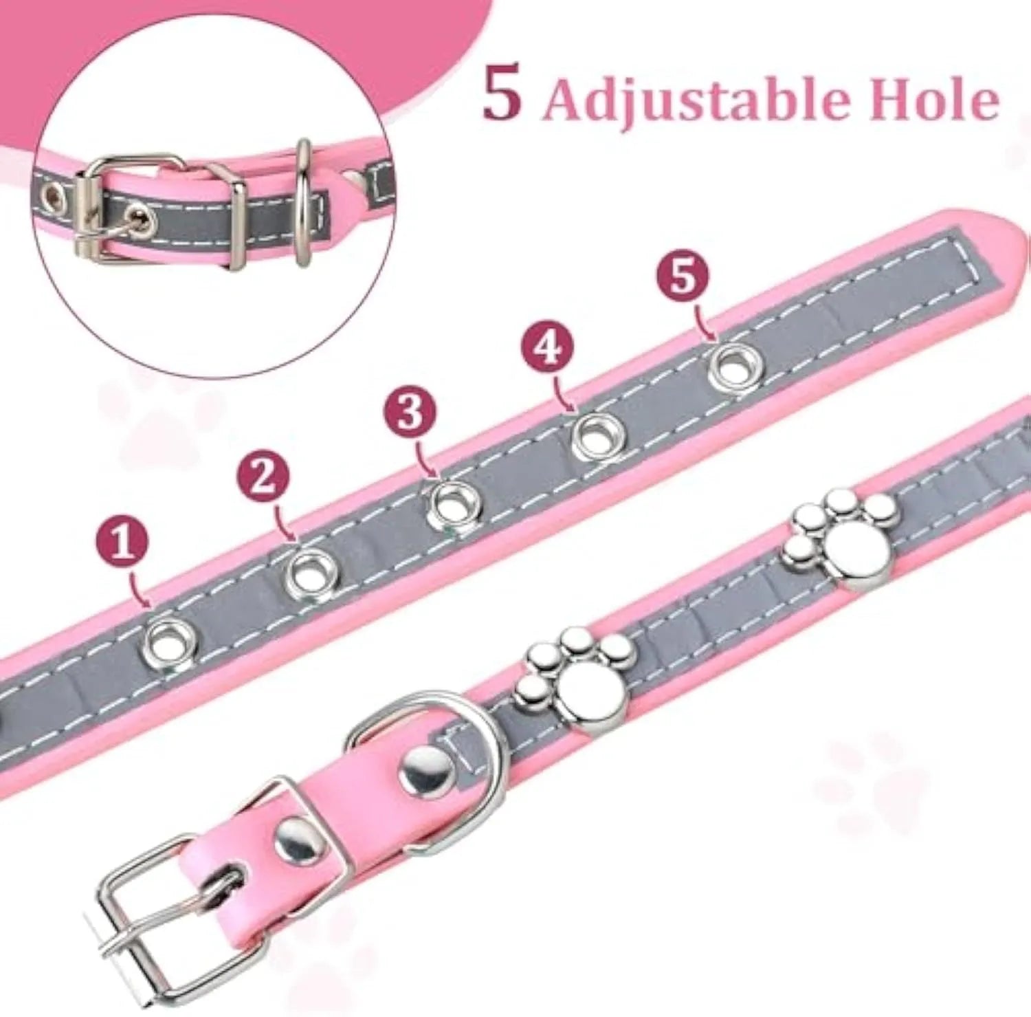 Reflective adjustable PU leather dog collar with metal paw rivet, shown in size L for medium dogs.