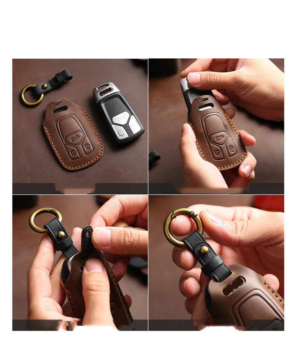 Crazy horse leather car key case in brown for 3 keys with stitched slots