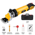 Yellow electric wool shearing machine with 110V plug and multiple cutter sets in plastic case