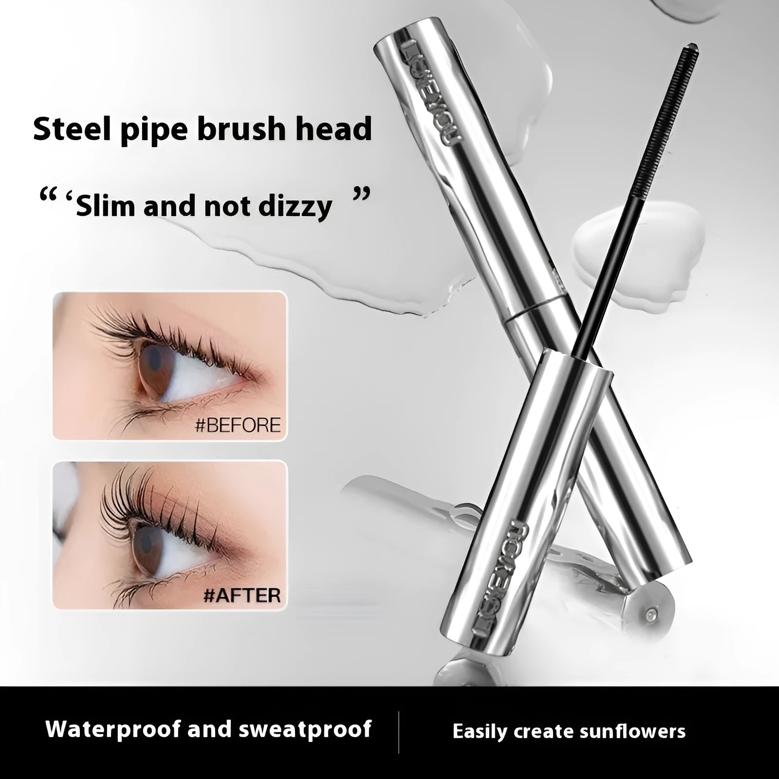 Waterproof steel tube mascara in black and brown colours with optional eyelash curler.