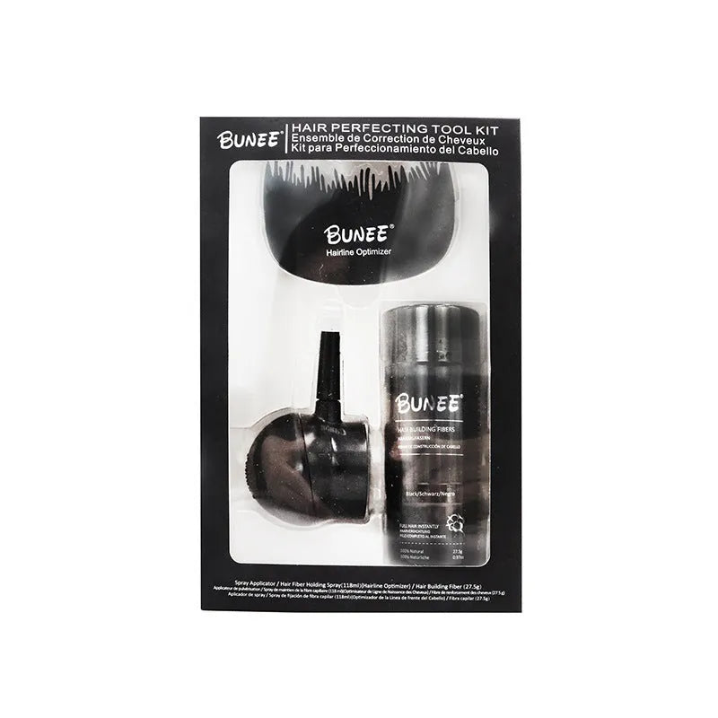 Boxed three-piece dense hair fibre powder set with applicator comb and spray, shown in multiple colour options.