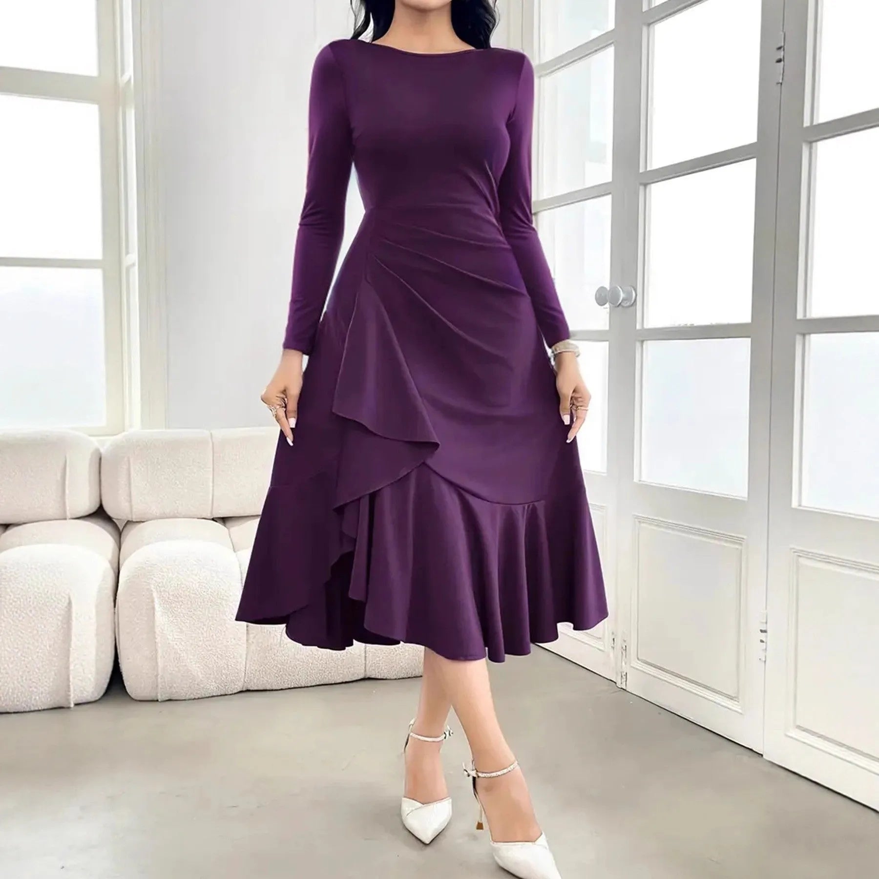 Purple women's long sleeve dress with ruffled detailing and round neck, mid waist cut