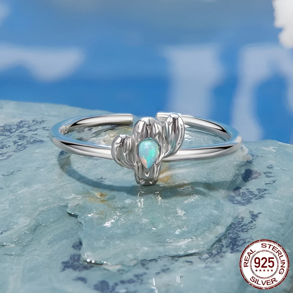 Silver cactus open ring 925 sterling silver adjustable opening women's fashion ring