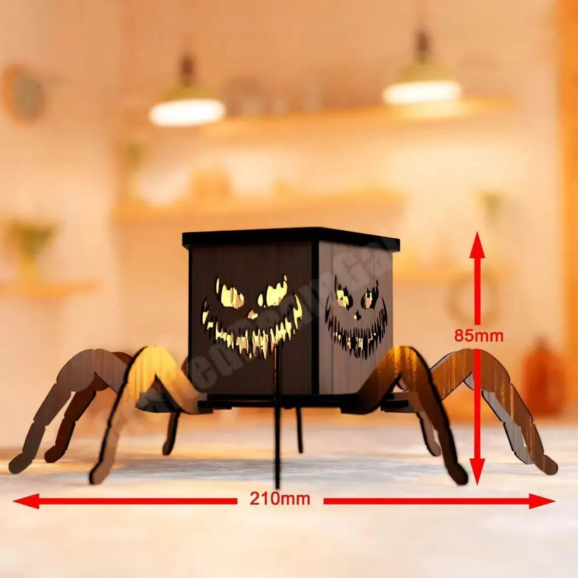 Wooden Halloween ornament with ghost and spider design on a lantern candlestick, 21cm tall.