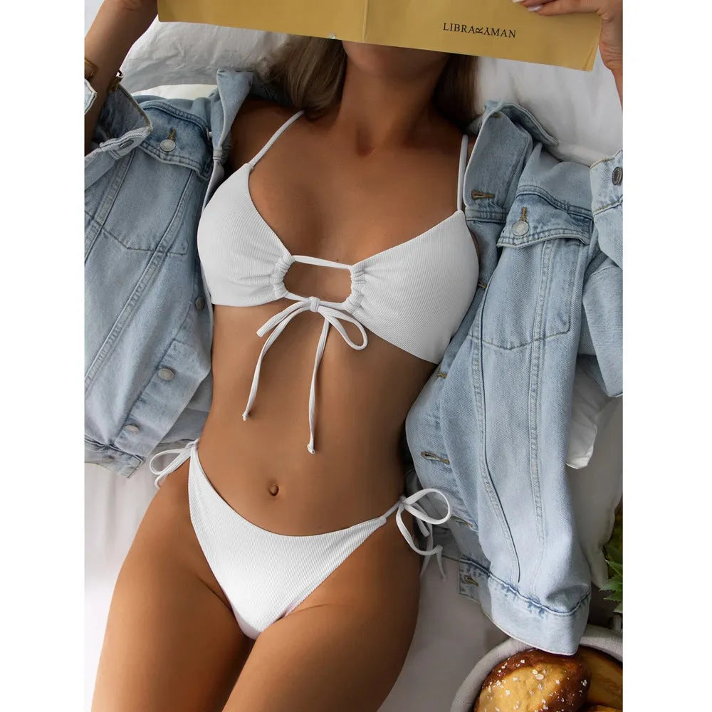 Women's solid colour drawstring bikini set in army green, backless design, quick-drying nylon fabric