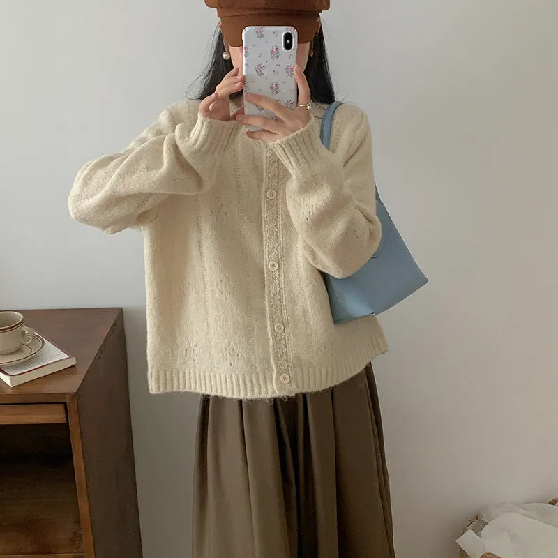 Korean art retro loose-fitting sweater coat in apricot, shown as a cardigan-style viscose knit.