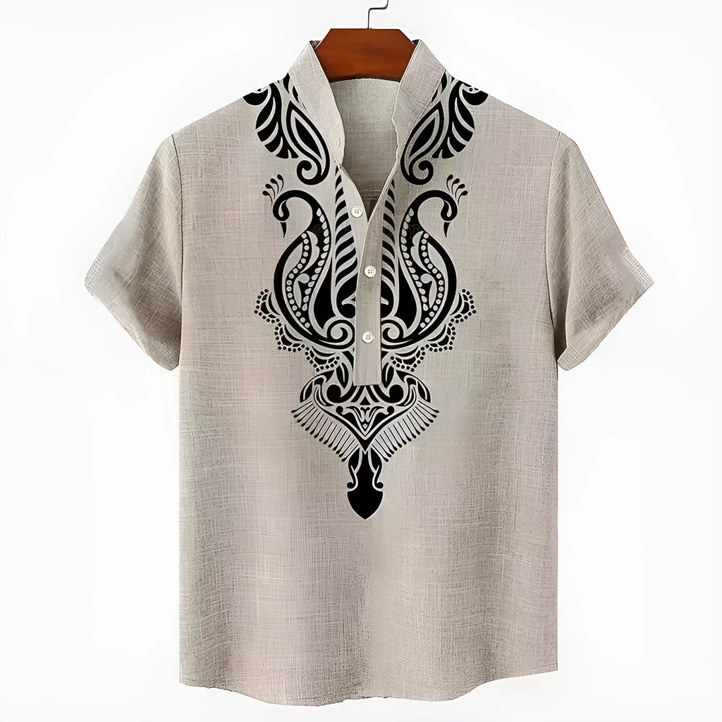 Men's striped casual shirt with button detail on a loose linen-style polyester fabric.
