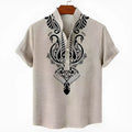 Men's striped casual shirt with button detail on a loose linen-style polyester fabric.