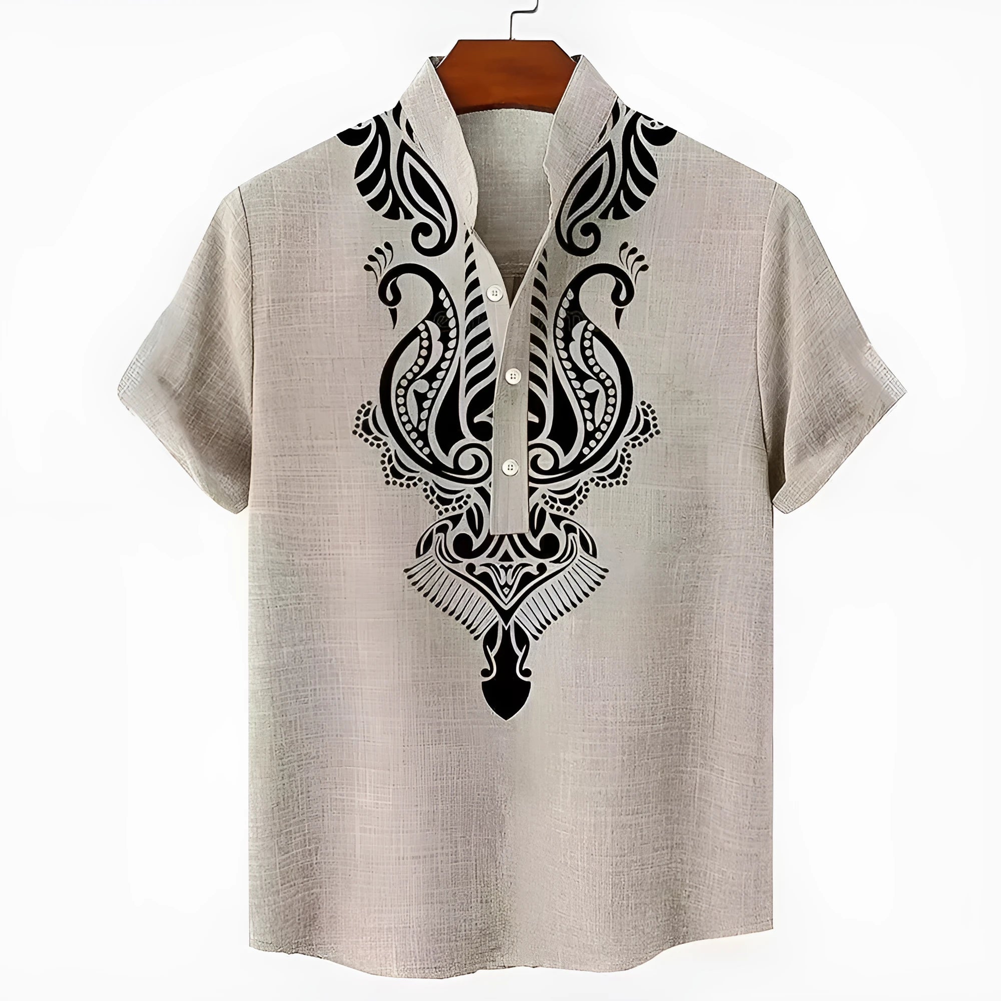 Men's striped casual shirt with button detail on a loose linen-style polyester fabric.