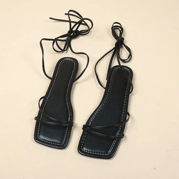 Women's flat sandals with ankle ring bandage cloth and front lace-up design in three colours