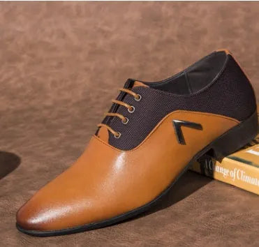 Men's Oxford shoes in black, brown, and yellow colours showing artificial PU upper and rubber sole
