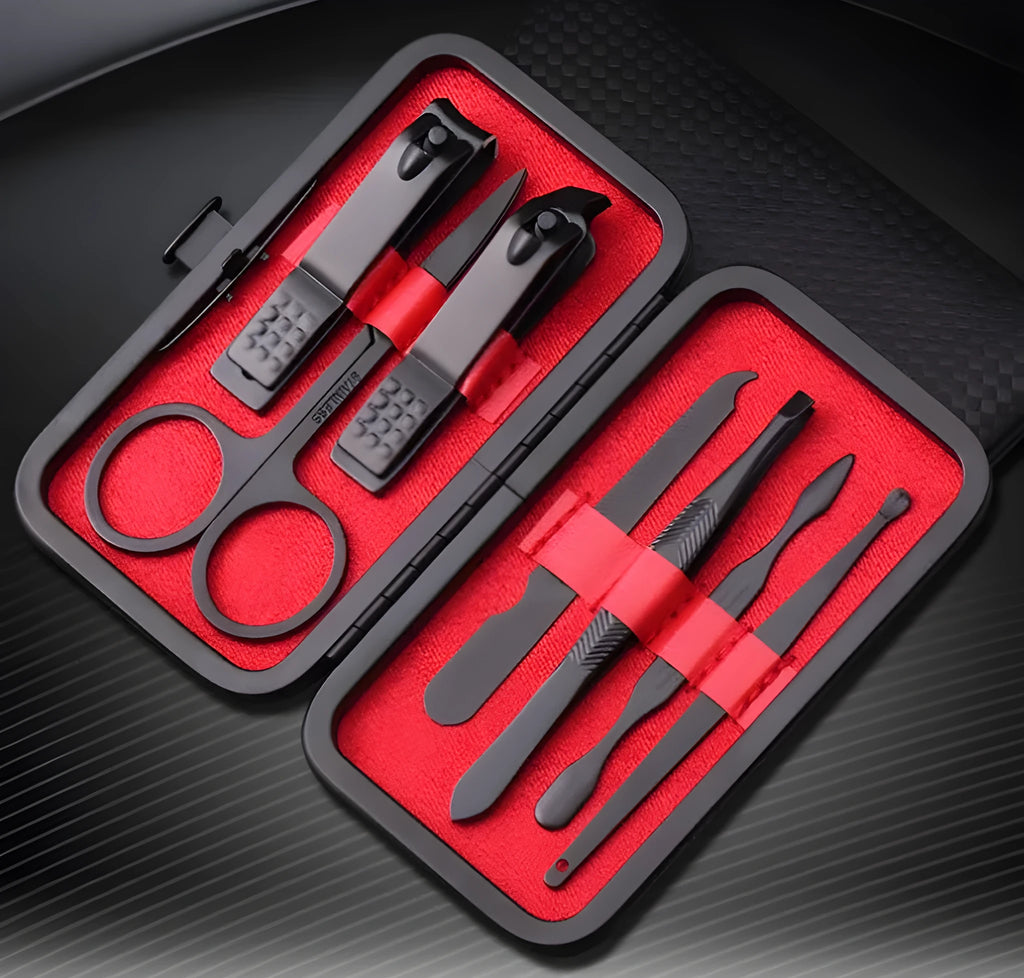 7-piece nail clippers manicure set with eyebrow scissors and ear spoon on white background