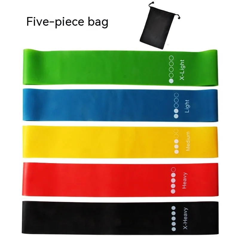 Five-piece yoga tension strap set in TPE fabric in solid colours green blue yellow red and black