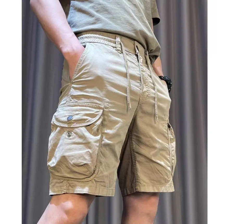 Korean-style loose straight overalls trousers with multiple pockets in polycotton fabric