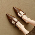 Women's brown cowhide leather low-cut flat shoes with round toe and mid heel