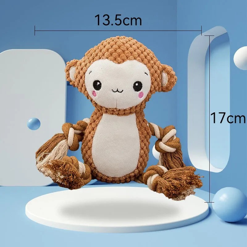 Lion and monkey plush squeaky dog toys showing size comparison with squeakers inside