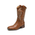 Brown women's mid-calf boots with embroidery detail on the shaft, shown from the side.
