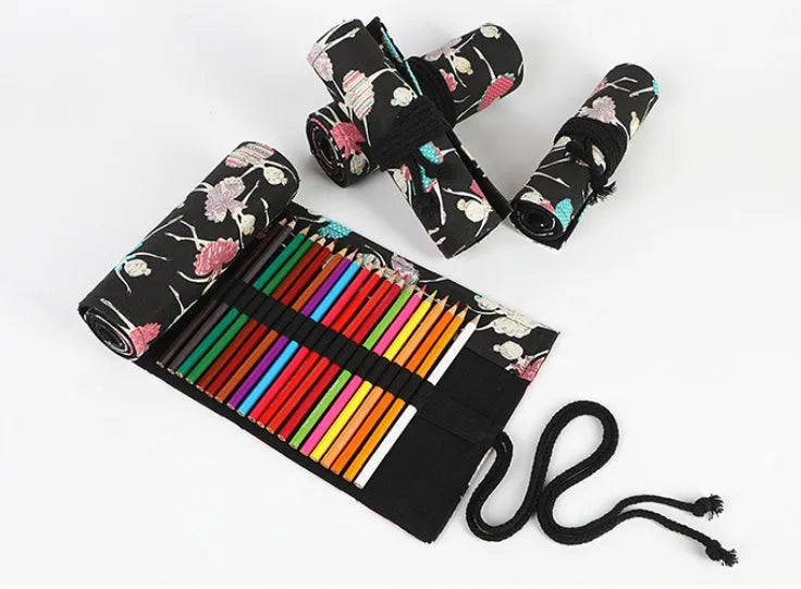 Canvas rolling pencil case with ballet girl print showing multiple pencil capacity options
