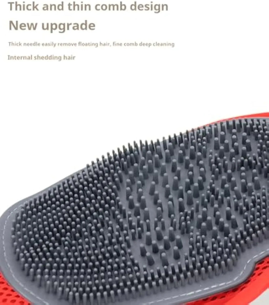 Red pet bathing glove with integrated brush for grooming and hair removal during pet baths.