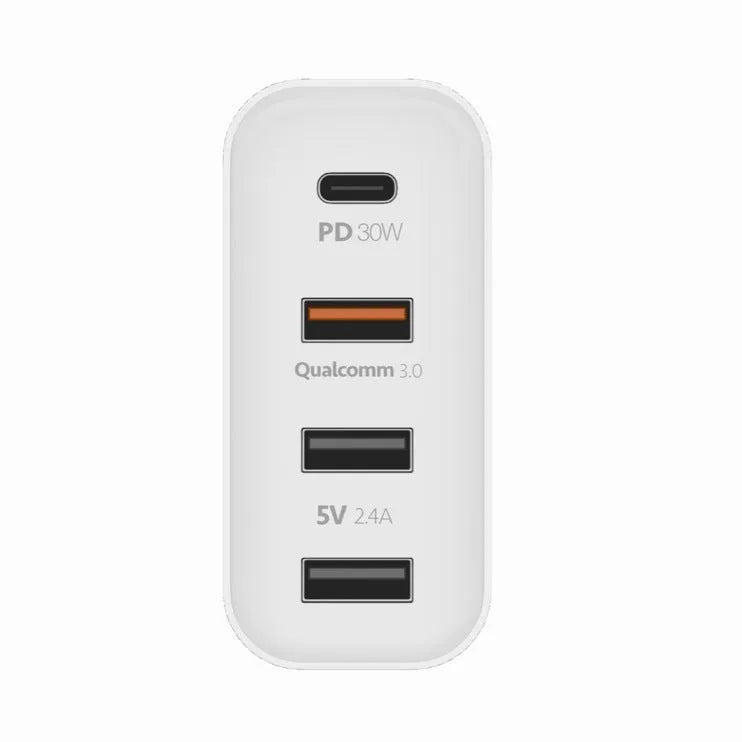 Black 48W USB-C wall charger with four ports and a UK plug on a white background.