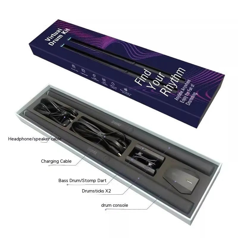 Somatosensory air drum kit with black host, two drumsticks, and LED lighting on a table
