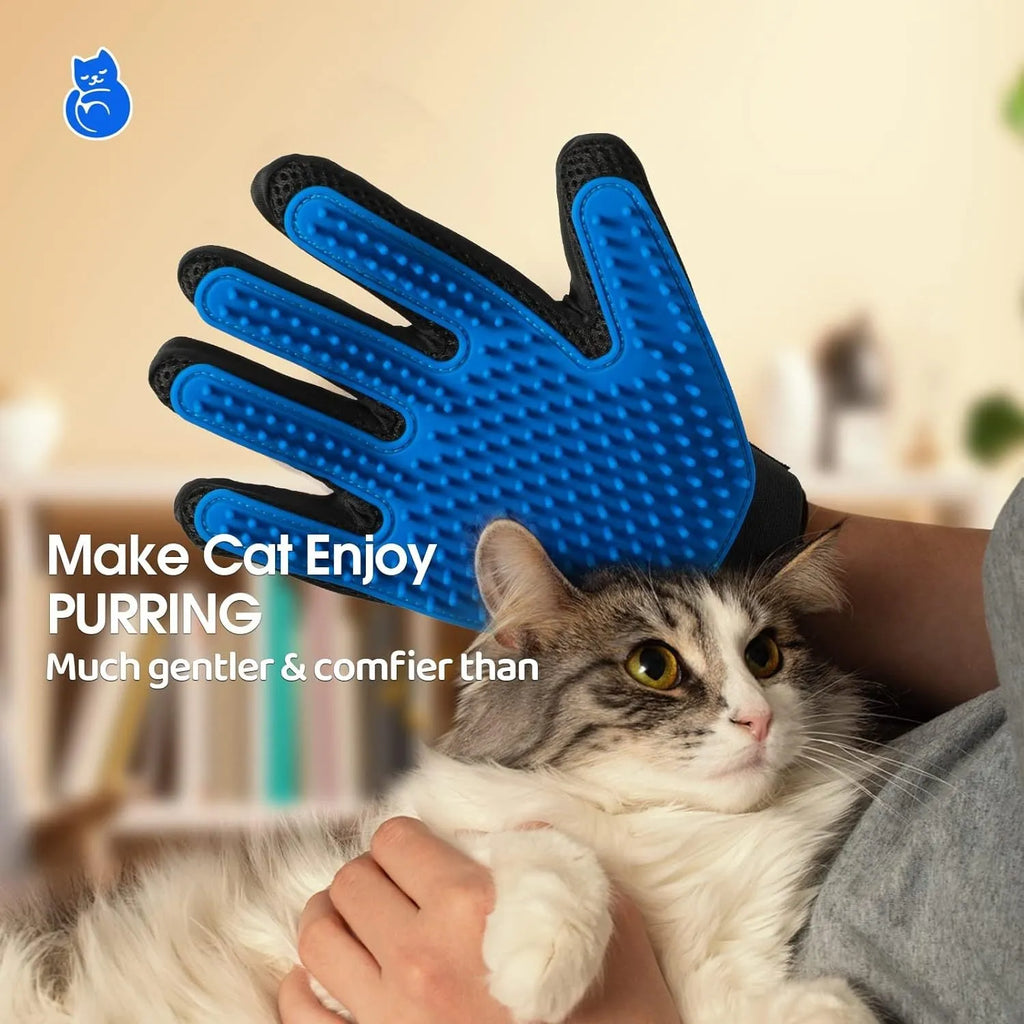 Blue pet grooming gloves with silicone tips for cat and dog hair removal