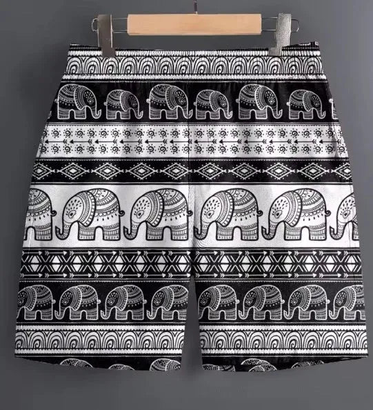 Men's patterned polyester sports shorts on a hanger, showing camouflage and stripe design options.